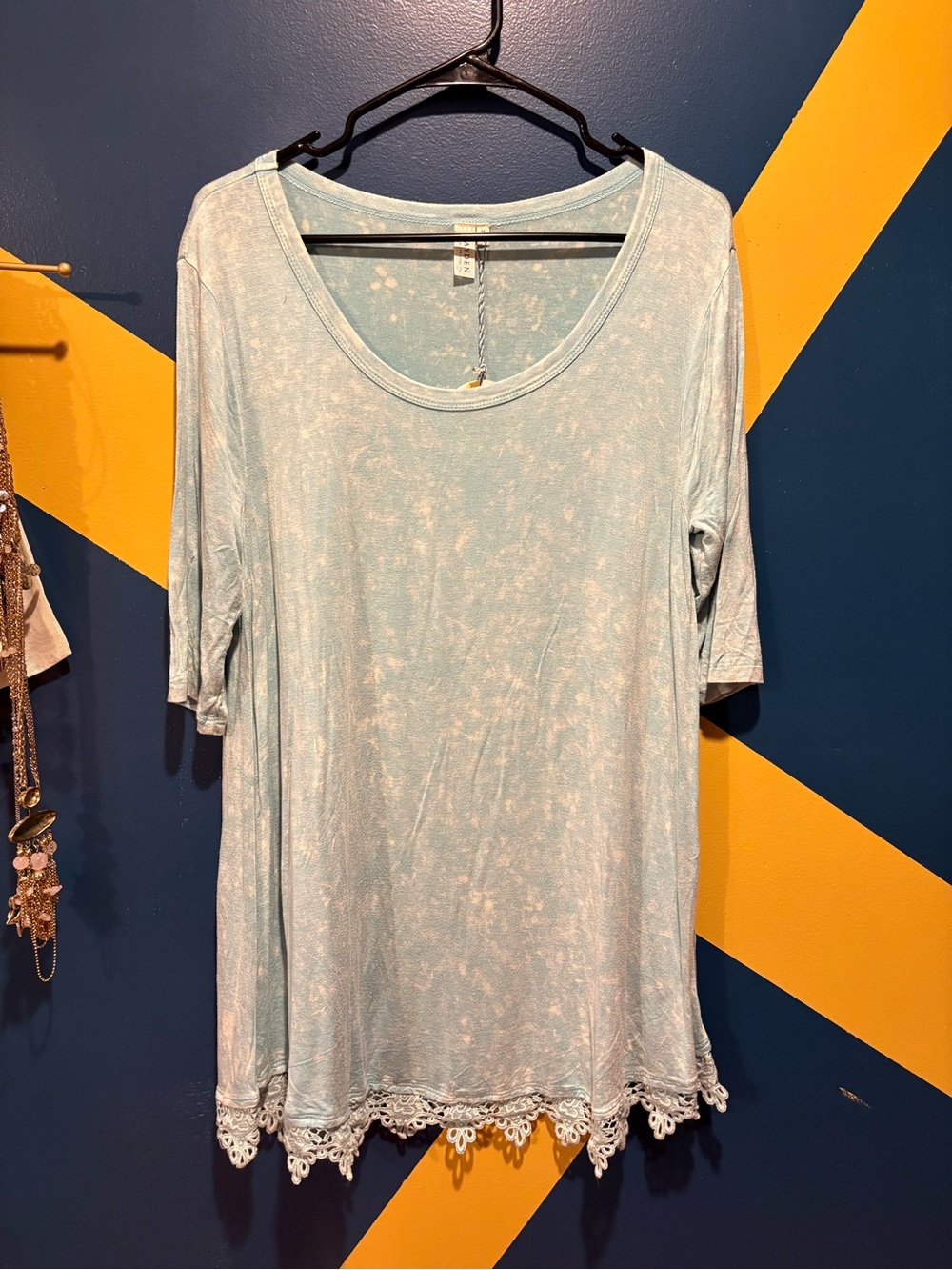 Hayden Aqua Acid Washed Scoop Neck Crochet Hem Tunic Dress NWT
